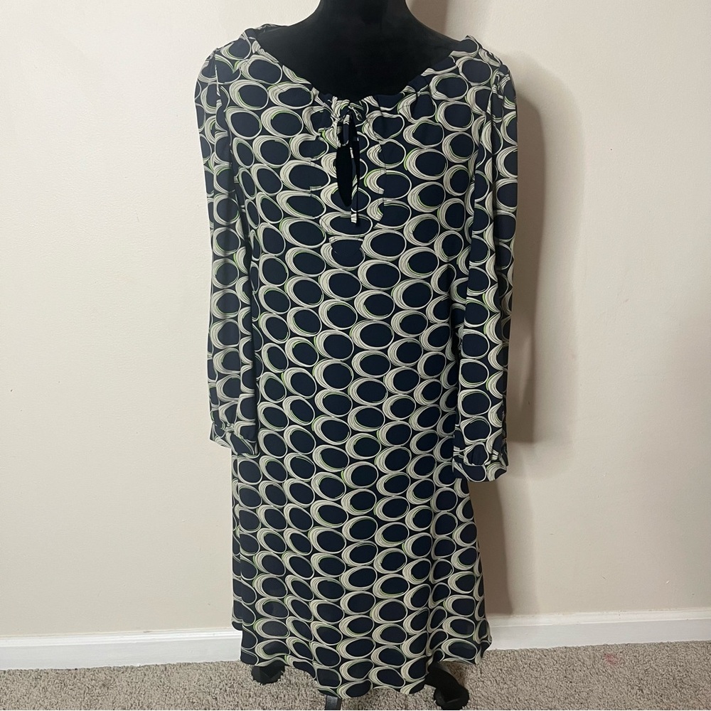 Moulinette‎ Soeurs Anthropologie Navy Green Geo Print Drawstring Neck Dress Sz 8